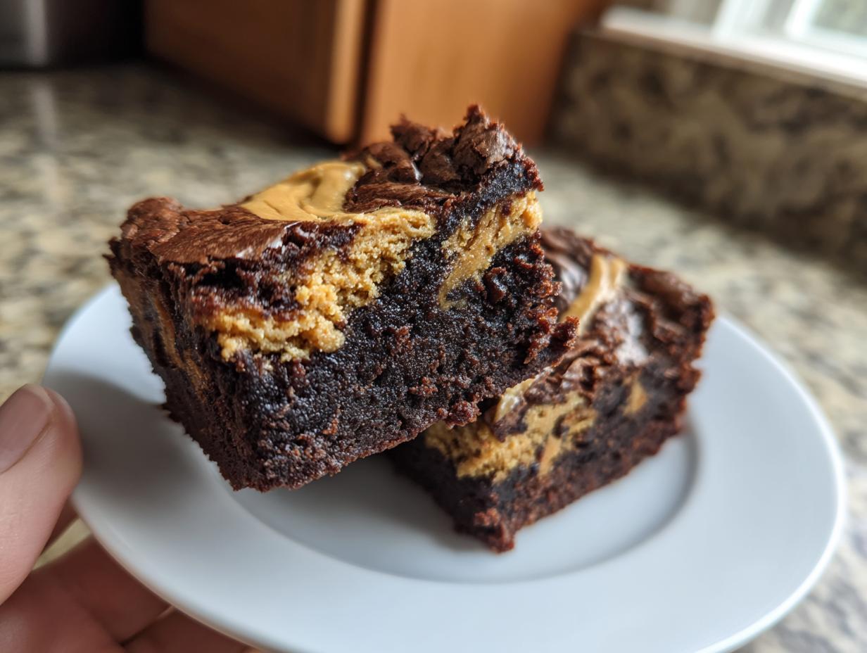 Two rich, fudgy peanut butter swirl brownies stacked slightly on a white plate.