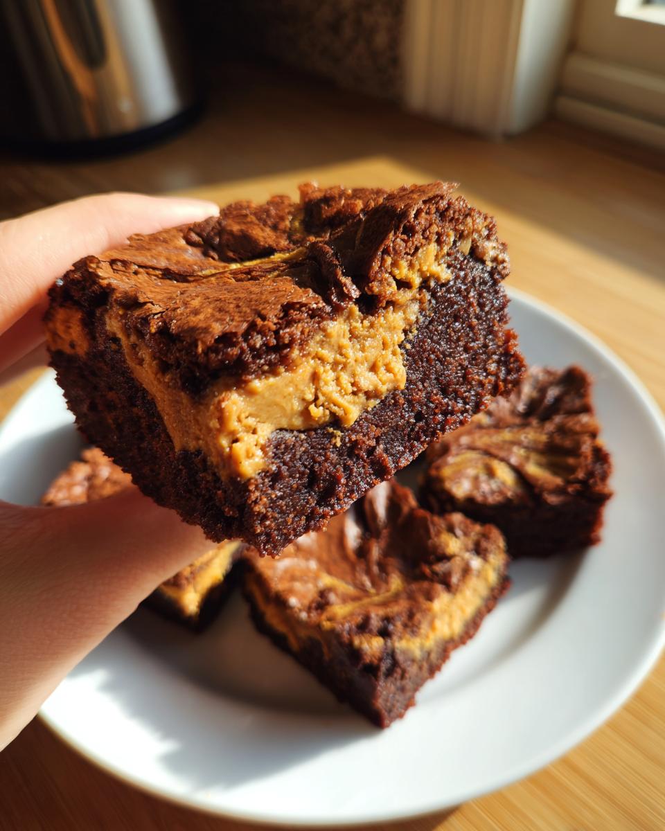 A hand holds up a rich, fudgy square of peanut butter swirl brownies, showing the thick peanut butter layer inside.