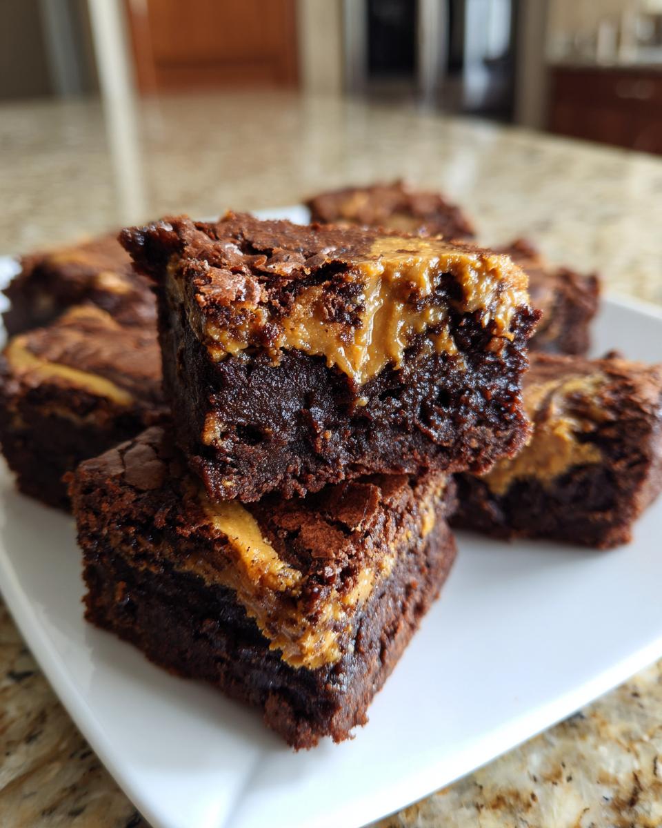 Two stacked, fudgy peanut butter swirl brownies showing the creamy peanut butter center on a white plate.