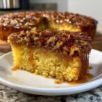 A close-up of a slice of moist pecan upside down cake topped with sticky, glossy caramel and nuts.