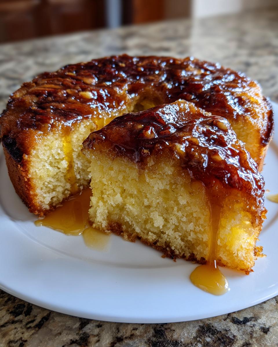 A slice cut from a moist pecan upside down cake, dripping with rich caramel sauce onto a white plate.
