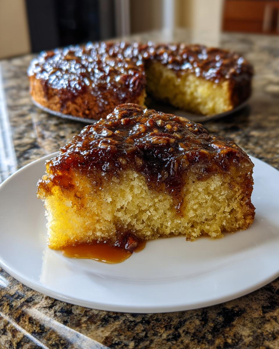A slice of moist pecan upside down cake with a rich, gooey caramel pecan topping on a white plate.