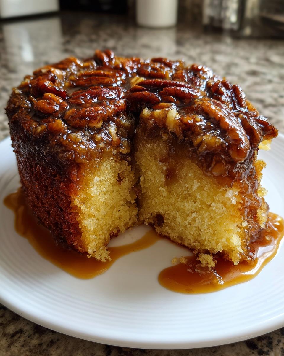A slice cut from a pecan upside down cake showing the moist yellow crumb and sticky caramel pecan topping.