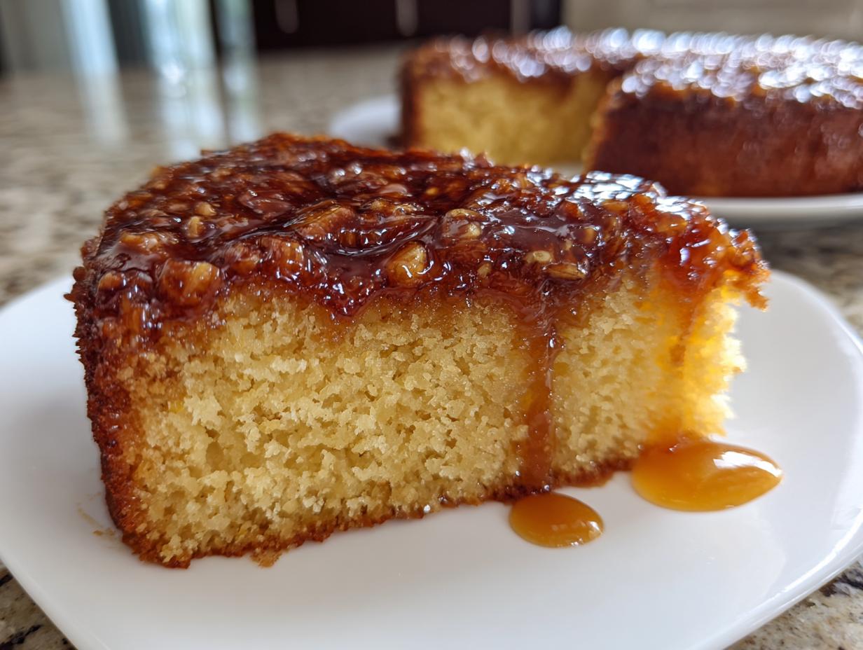 A moist slice of pecan upside down cake showing a thick, glossy caramel pecan topping and dripping sauce.