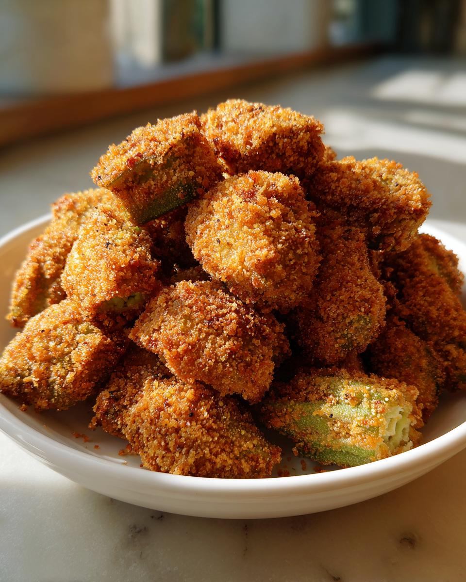 A white bowl overflowing with perfectly golden brown, crispy fried okra pieces.