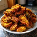 A close-up shot of a generous pile of golden brown, crispy fried okra served on a white plate.