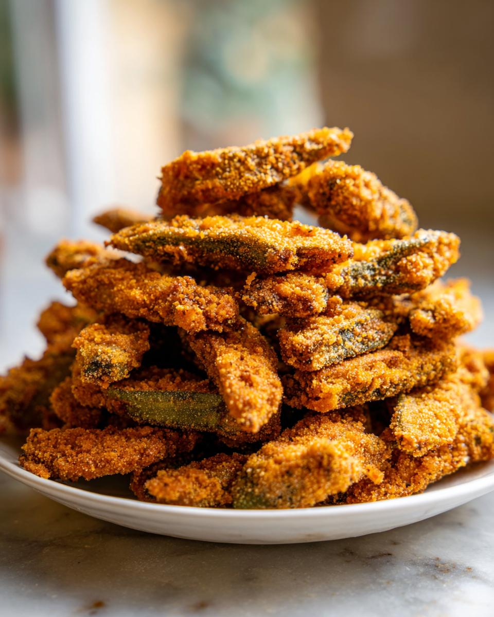 A tall mound of golden brown, perfectly crispy fried okra slices piled high on a white plate.