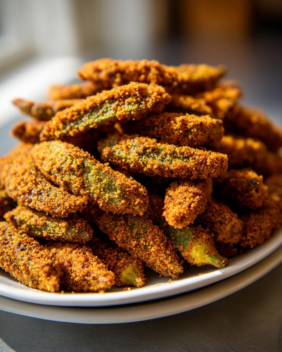 A close-up, appetizing pile of golden brown, perfectly seasoned fried okra on a white plate.