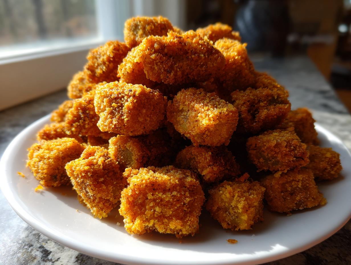 A large mound of golden brown, crispy fried okra pieces served on a white plate.