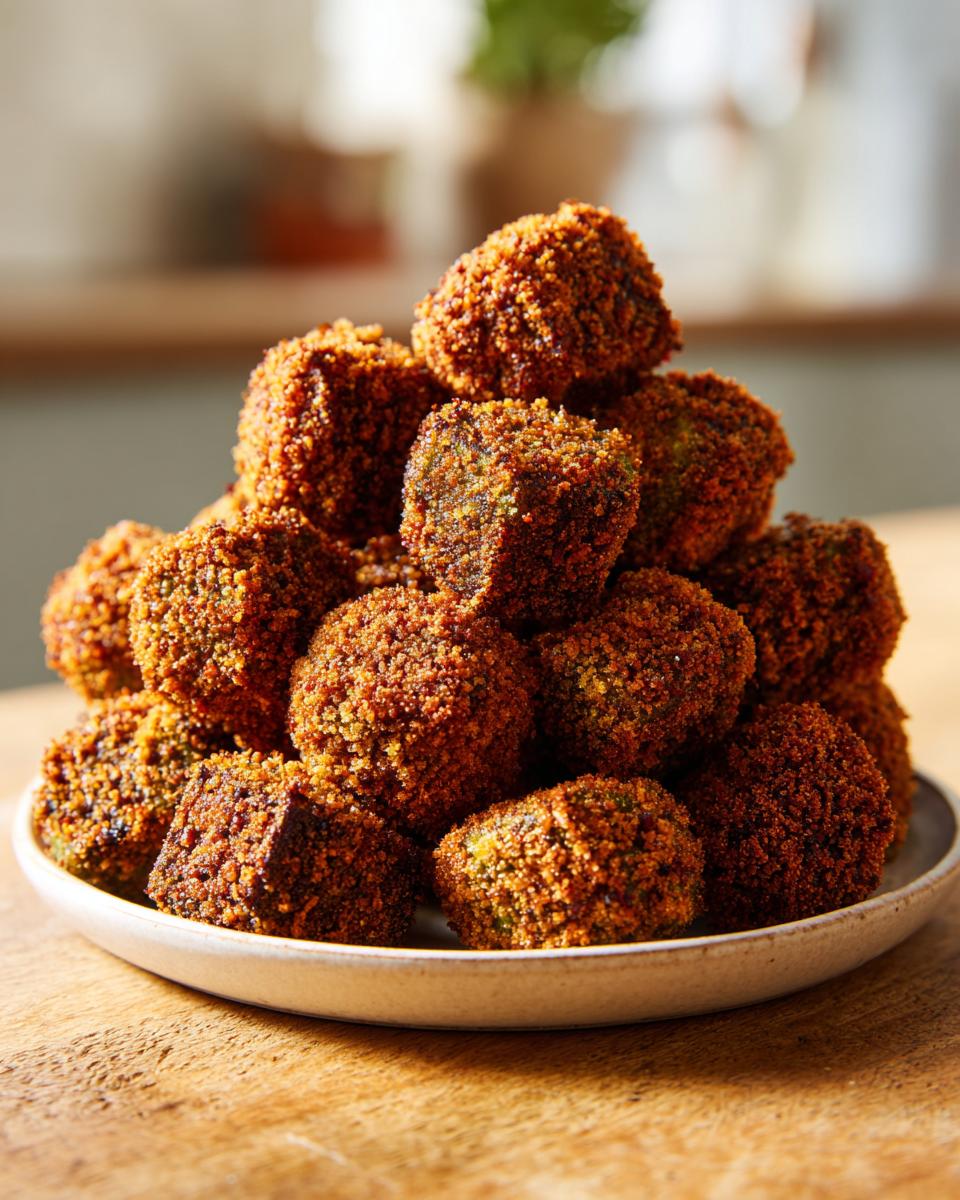 A mound of perfectly crispy, golden-brown fried okra pieces stacked on a small plate.