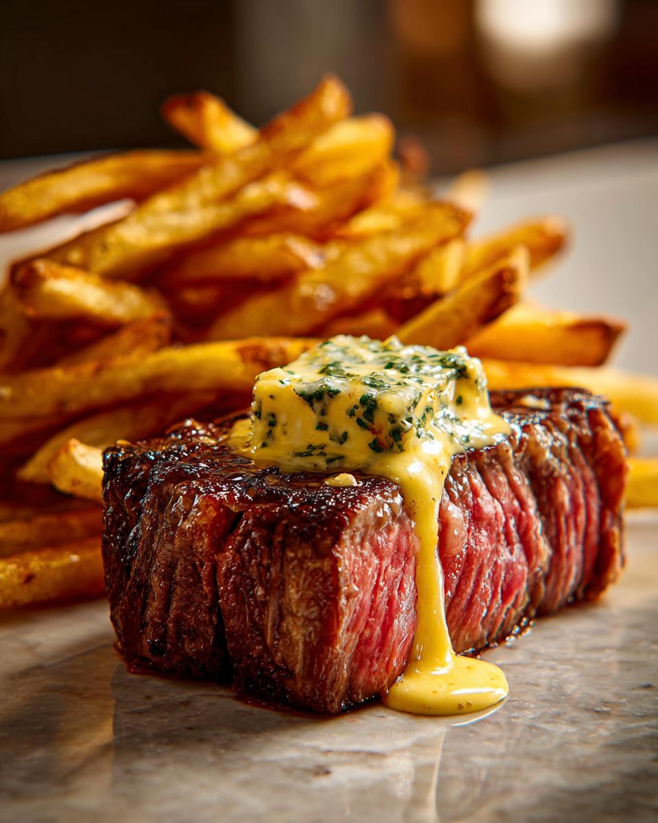 Close-up of a medium-rare steak frites topped with melting herb butter, with golden fries blurred in the background.