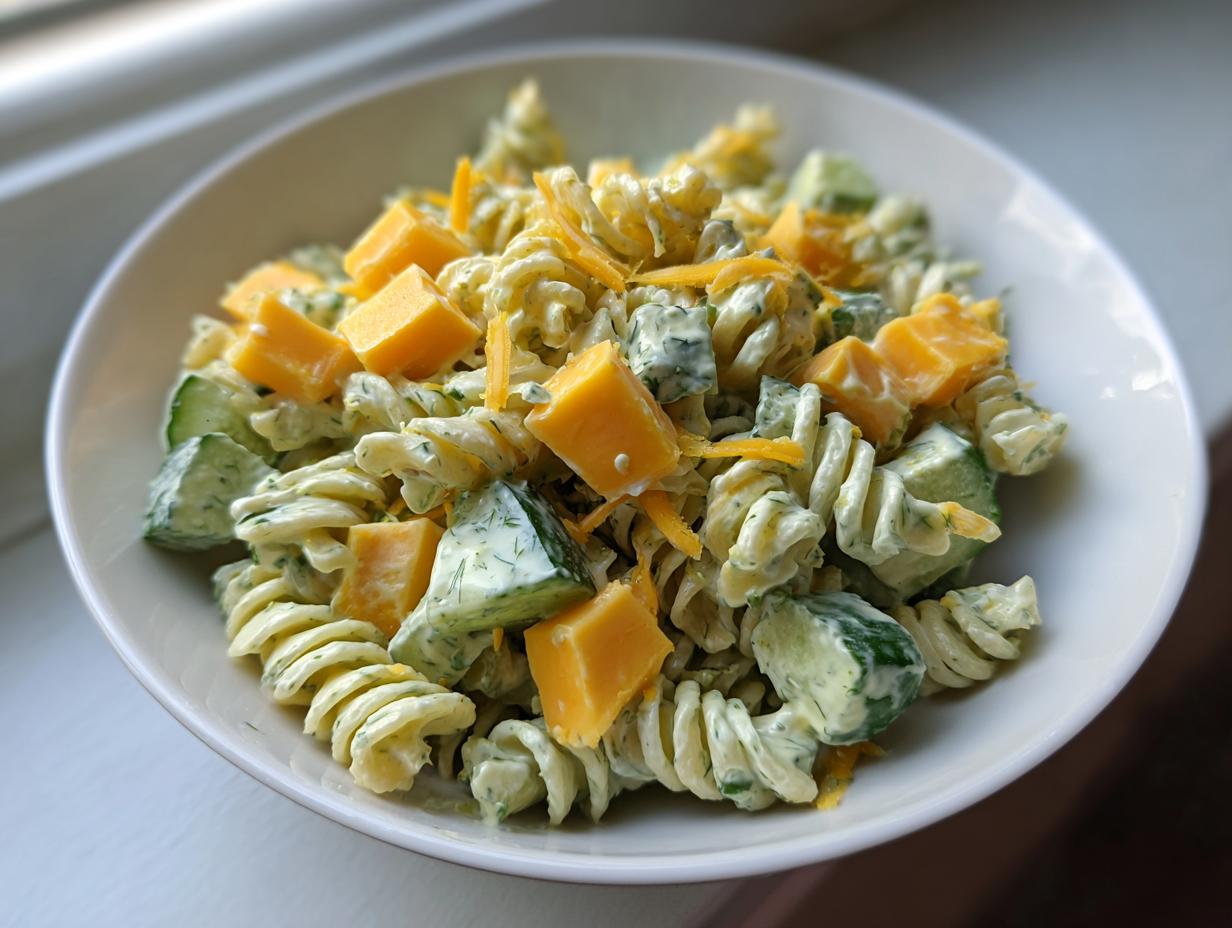 Close-up of a bowl of creamy pickle pasta salad featuring rotini pasta, cucumber chunks, and cheddar cheese cubes.
