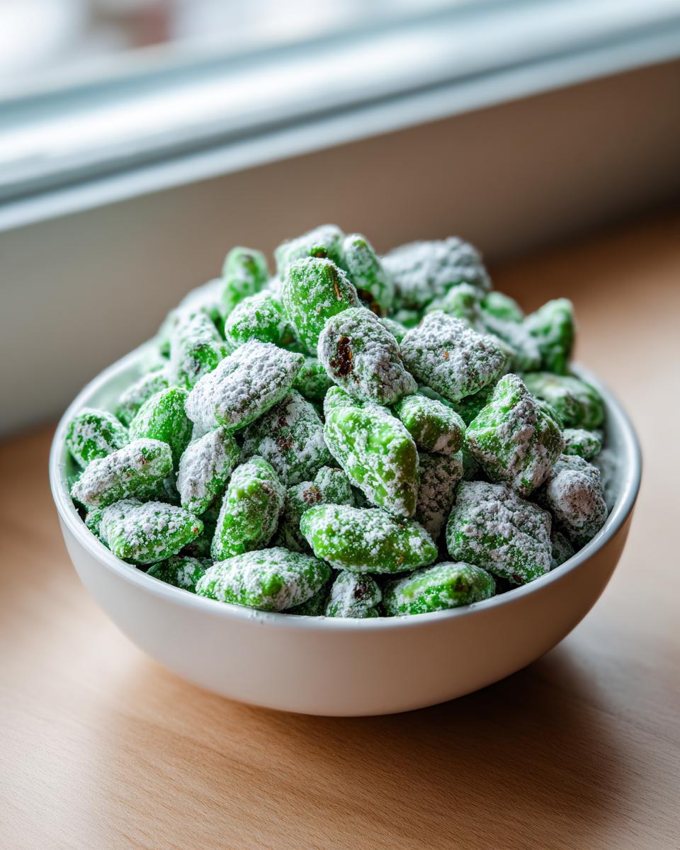 A white bowl filled with bright green pistachio puppy chow generously dusted with white powdered sugar.