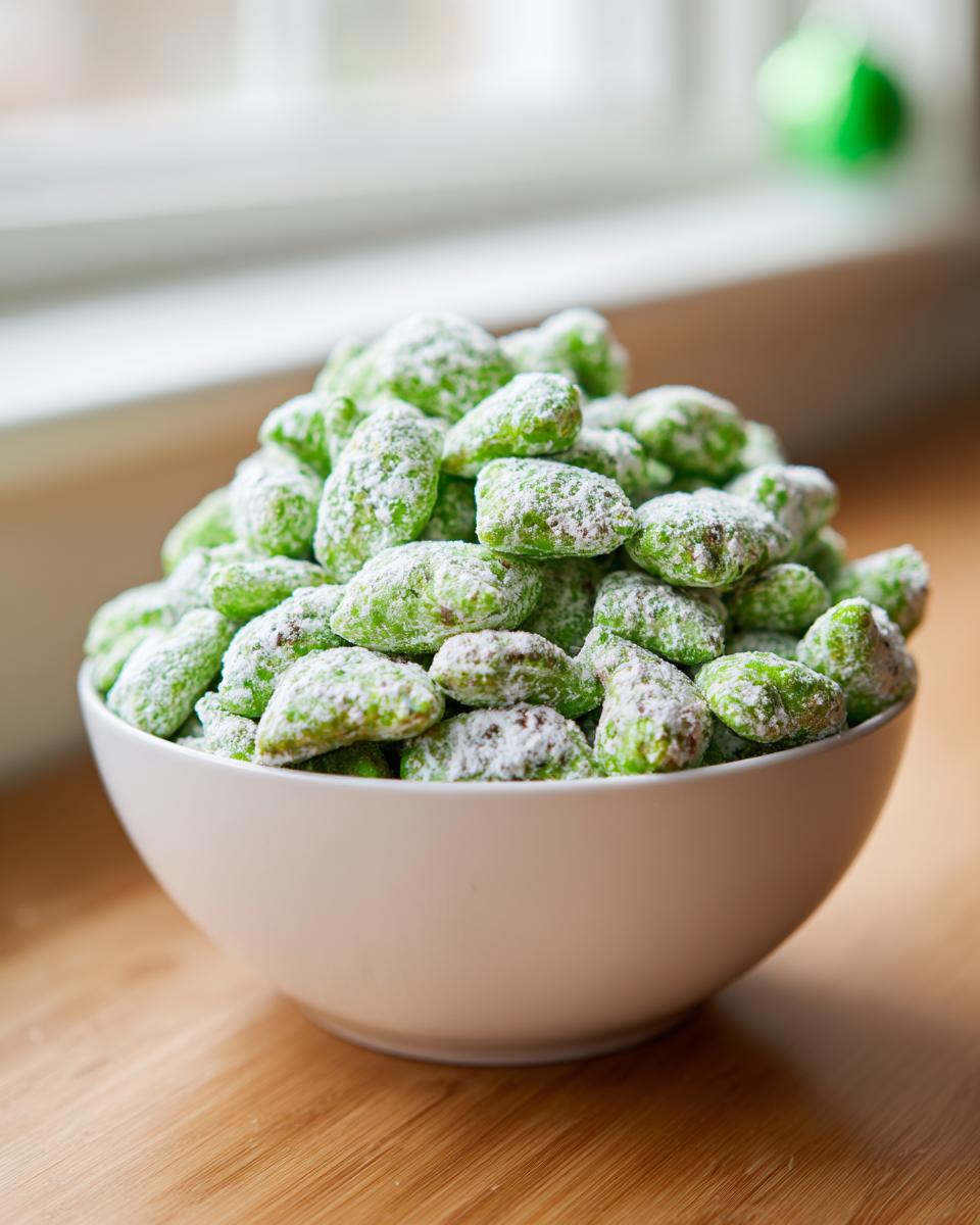 A white bowl overflowing with bright green, powdered sugar-dusted pistachio puppy chow.