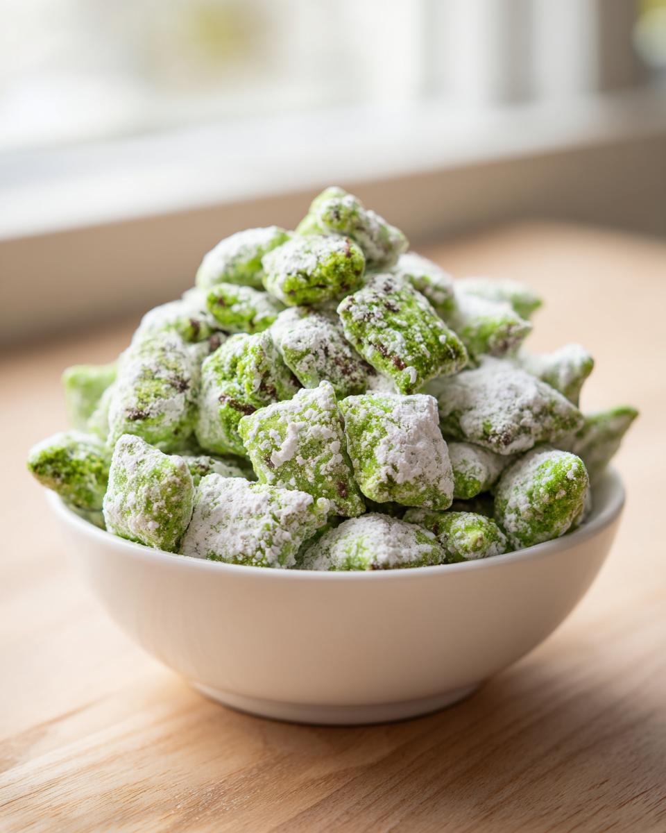 A white bowl overflowing with bright green, powdered sugar-dusted pistachio puppy chow cereal pieces.