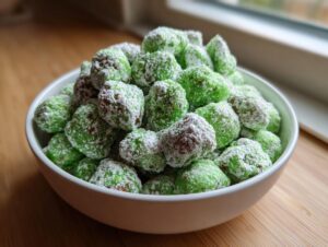 A white bowl overflowing with bright green pistachio puppy chow generously dusted with white powdered sugar.