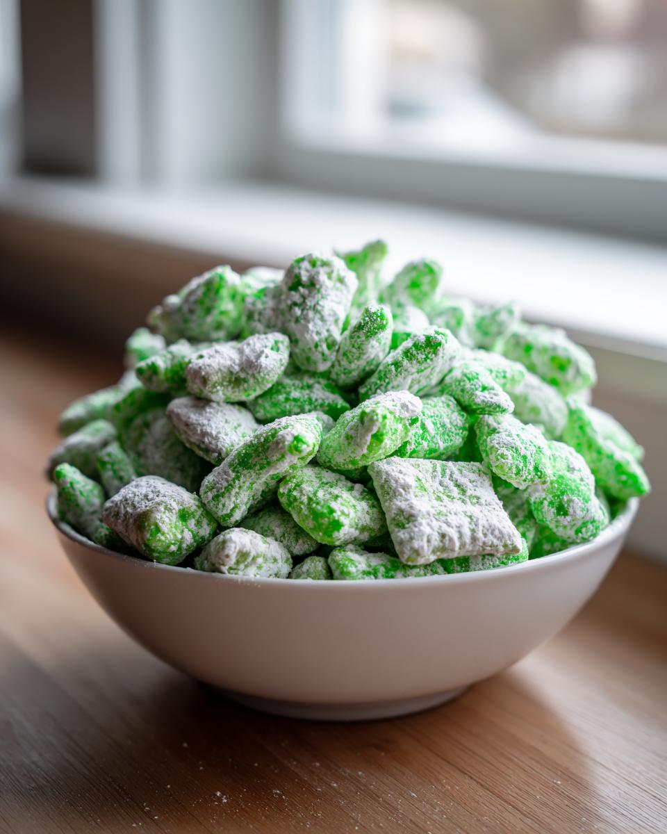 A white bowl filled high with bright green, powdered sugar-dusted pistachio puppy chow cereal mix.