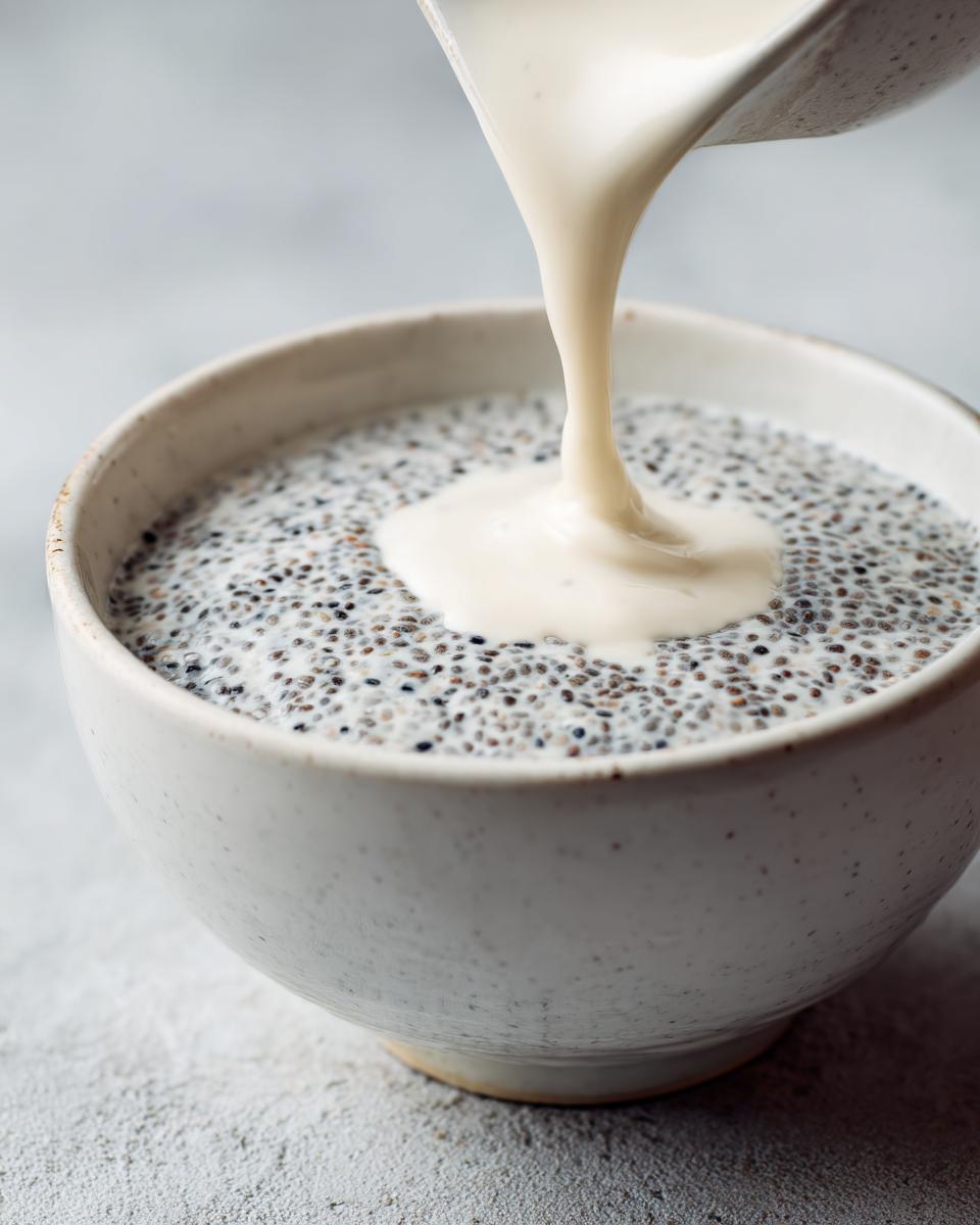 Close-up of thick cream being poured over prepared chia seed pudding in a speckled white bowl.