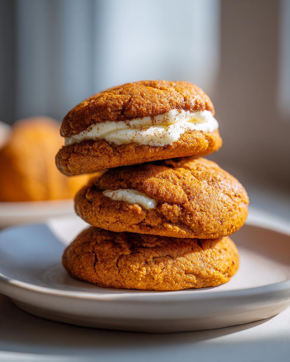 Three delicious pumpkin cheesecake cookies stacked on a plate, featuring creamy filling.