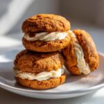 A stack of two pumpkin cheesecake cookies sandwiching creamy filling, with another cookie leaning beside them.
