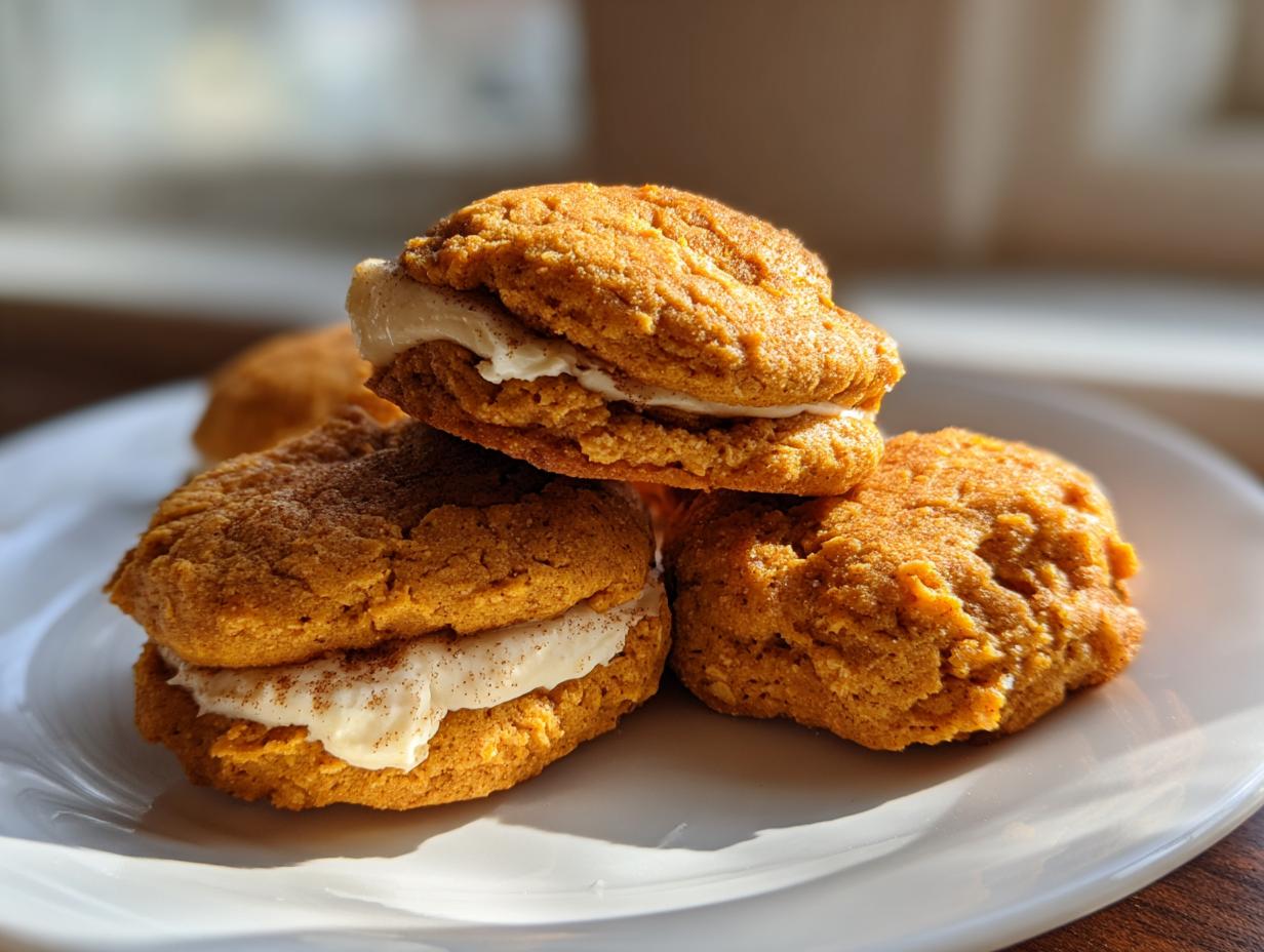 Close-up of stacked pumpkin cheesecake cookies filled with creamy frosting and dusted with spice.
