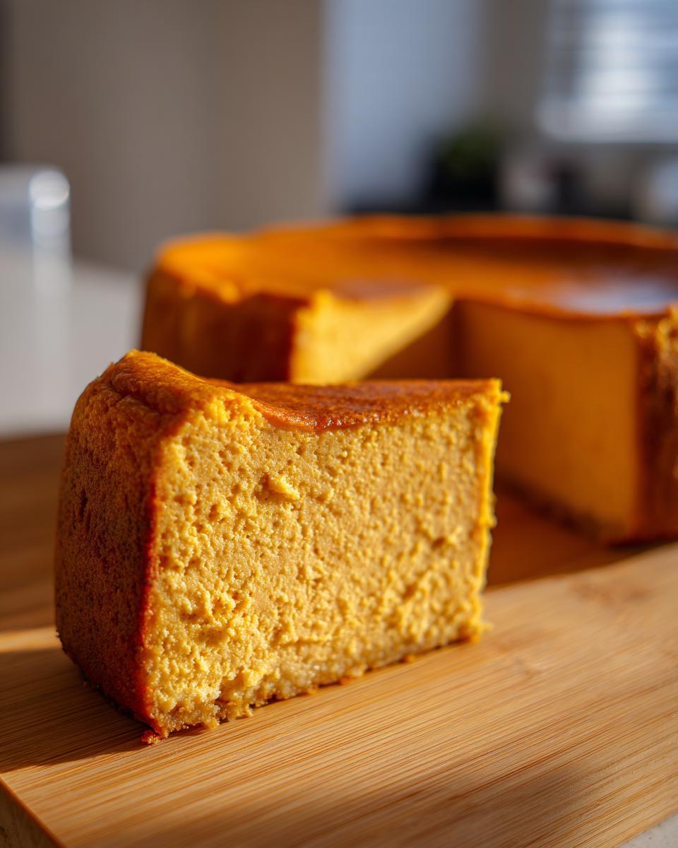 A thick, creamy slice of bright orange pumpkin cheesecake sits on a wooden cutting board with the rest of the pumpkin cheesecake blurred in the background.
