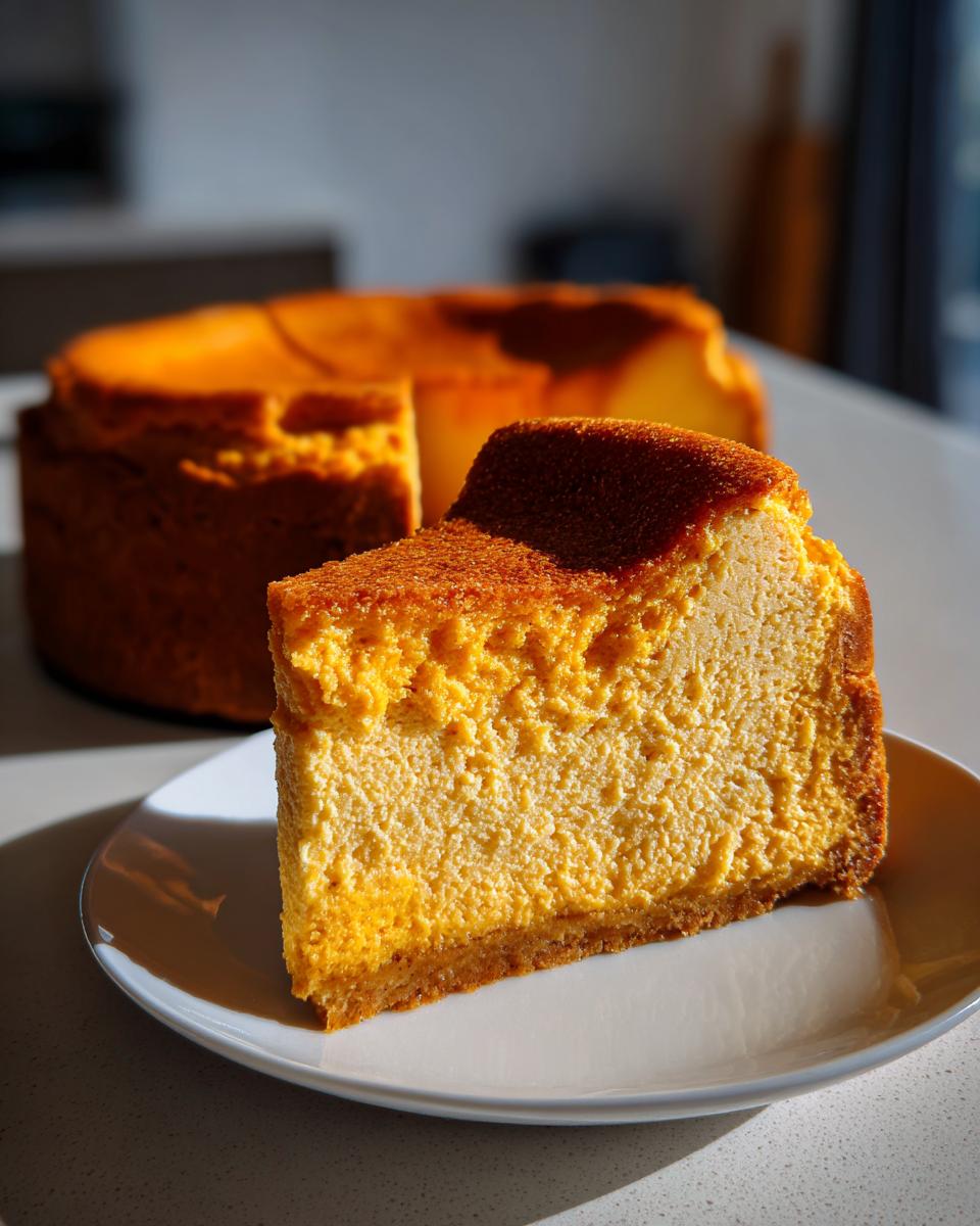 A thick slice of vibrant orange pumpkin cheesecake resting on a white plate, with the rest of the pumpkin cheesecake visible in the background.