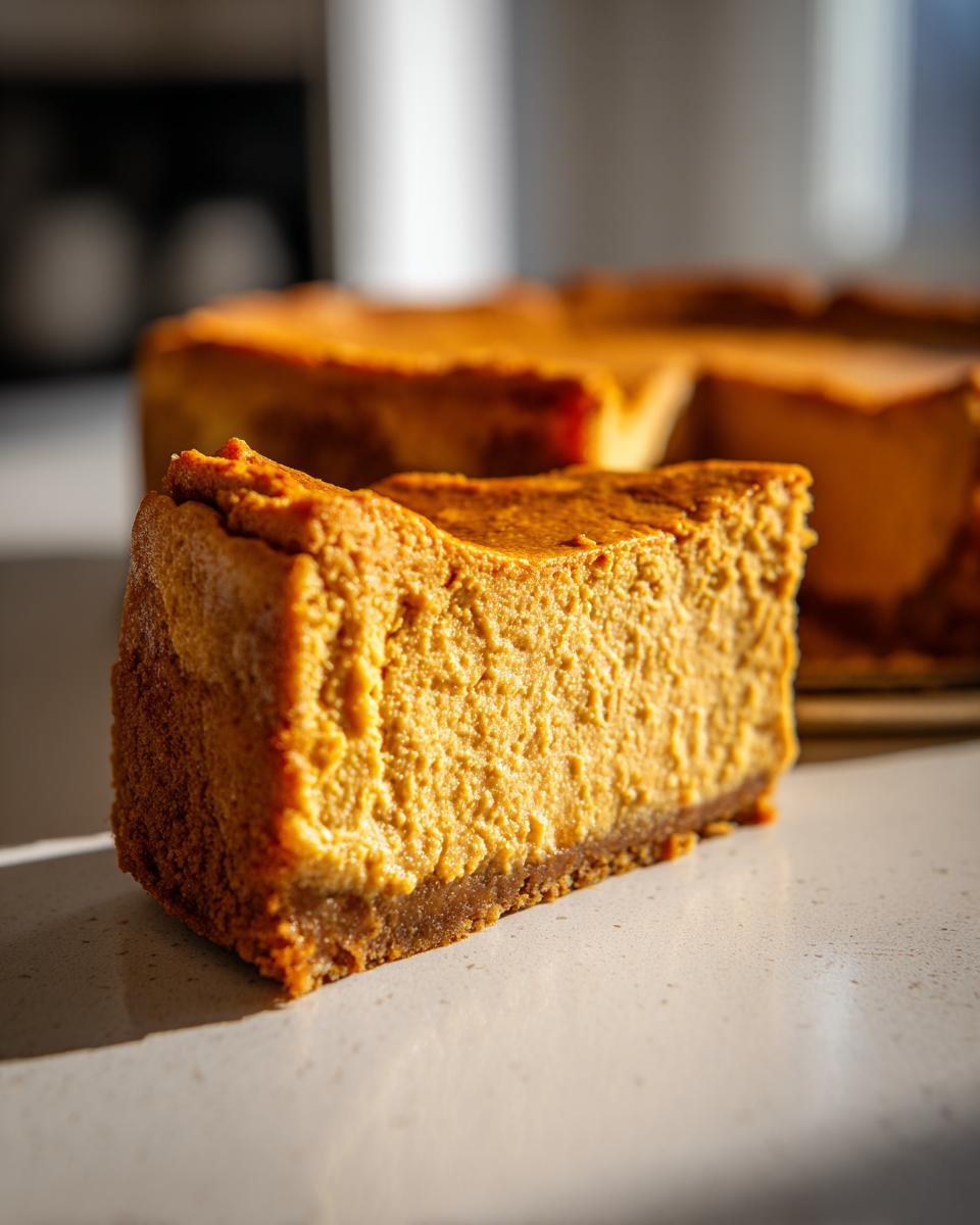 A thick, rich slice of pumpkin cheesecake with a graham cracker crust, sitting on a light countertop.