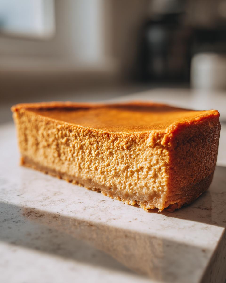 Close-up of a thick, creamy slice of pumpkin cheesecake showing its rich orange color and textured filling.