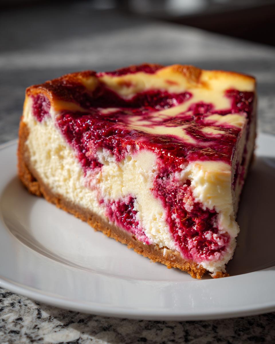 A close-up shot of a perfect slice of raspberry cheesecake on a white plate, showing creamy filling and graham cracker crust.