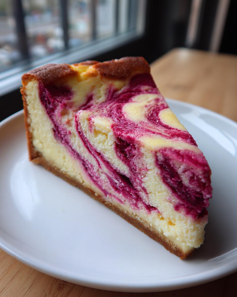 A perfect slice of creamy raspberry cheesecake featuring vibrant pink swirls on a white plate.