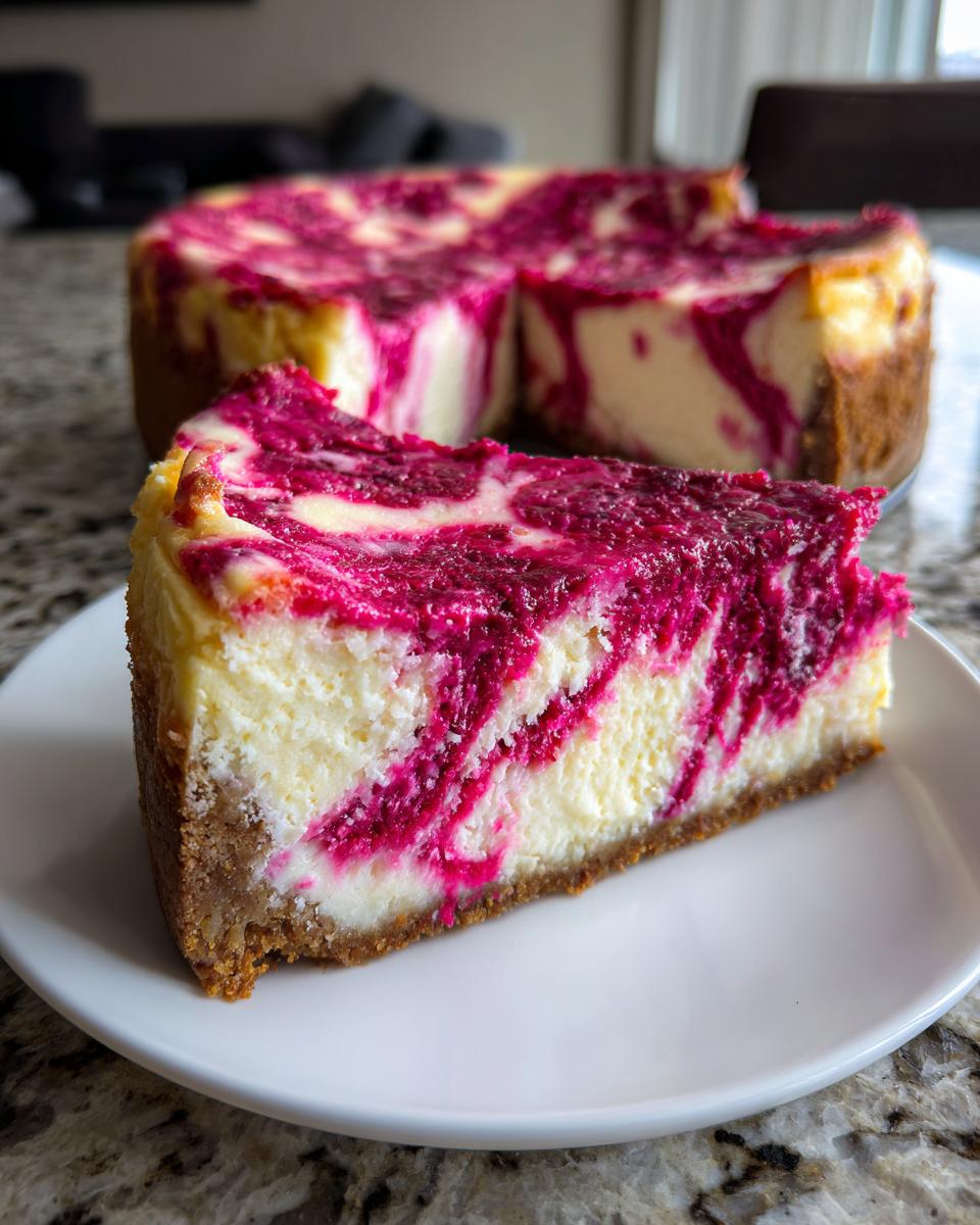 A close-up slice of creamy raspberry cheesecake with a vibrant pink swirl on a white plate.