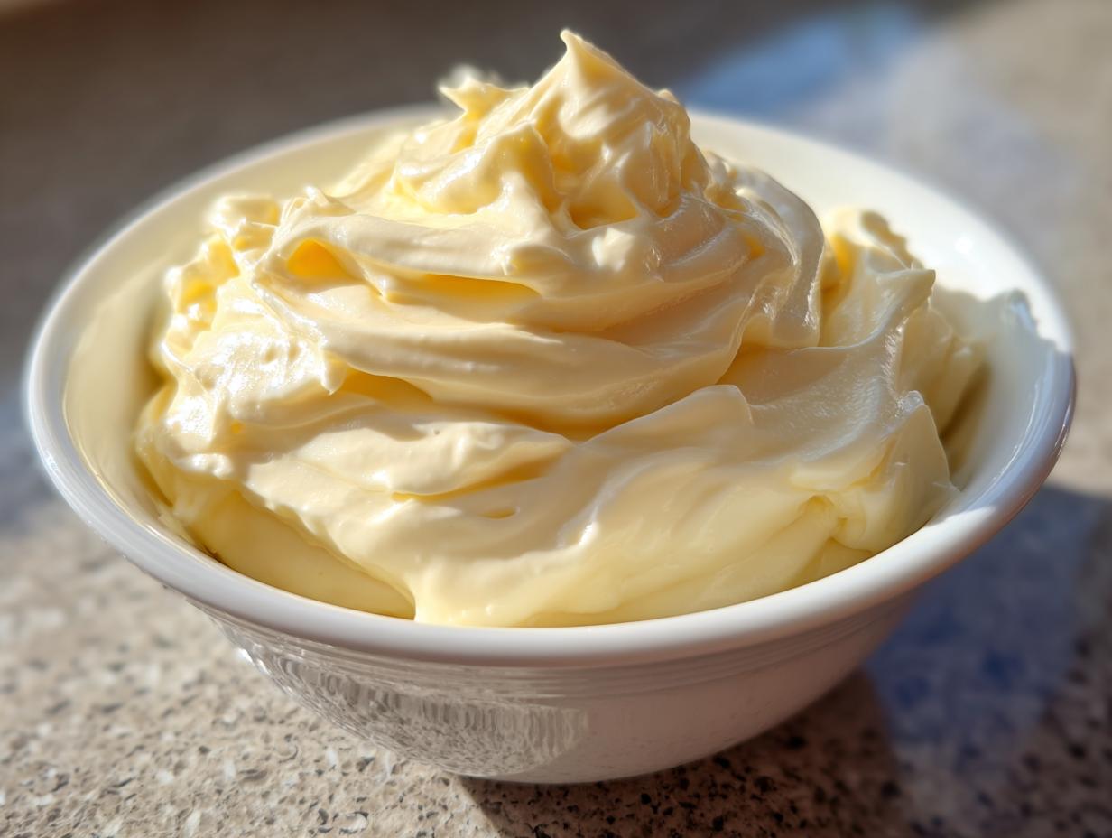 A close-up of thick, creamy homemade mayonnaise swirled beautifully in a white serving bowl.