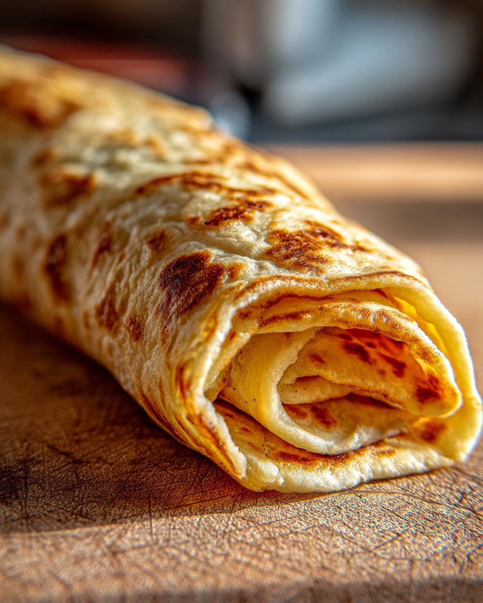 Close-up of a golden-brown, rolled cottage cheese wrap resting on a wooden cutting board.