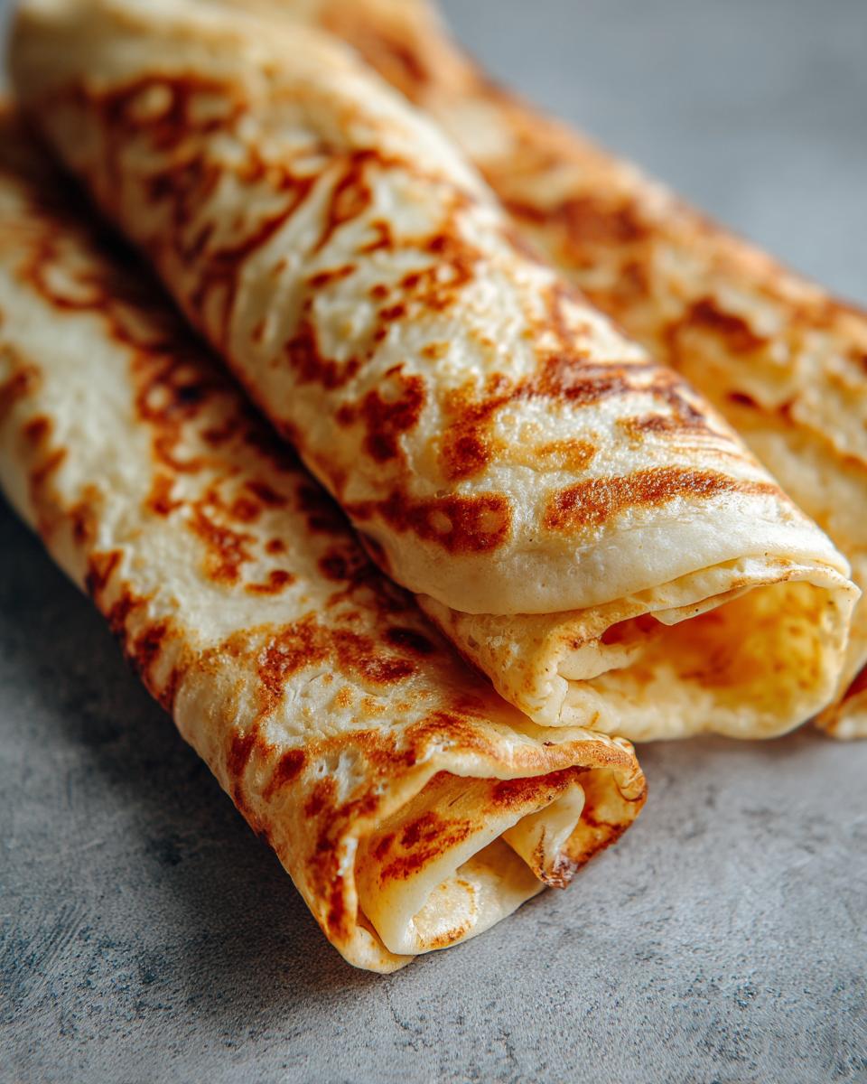 Close-up of three rolled, golden-brown cottage cheese wrap tortillas stacked on a grey surface.