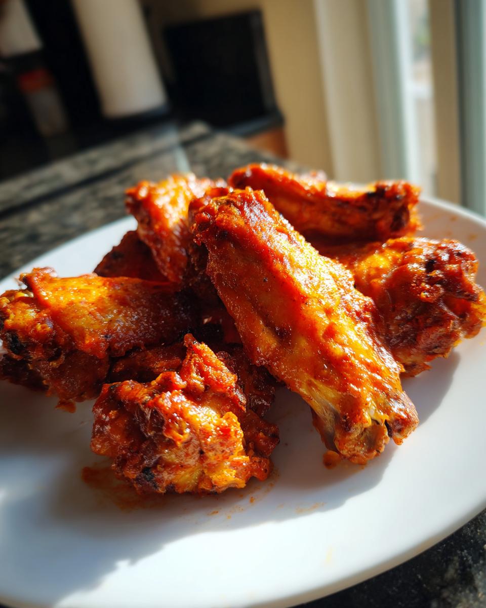 A close-up shot of several crispy, saucy buffalo wings piled on a white plate, glistening under bright light.