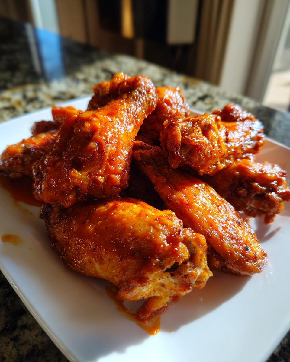 Close-up of crispy, saucy buffalo wings piled on a white plate, ready to eat.