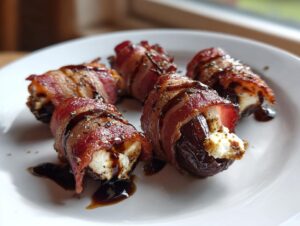 Close-up of five bacon wrapped stuffed dates drizzled with balsamic glaze on a white plate.