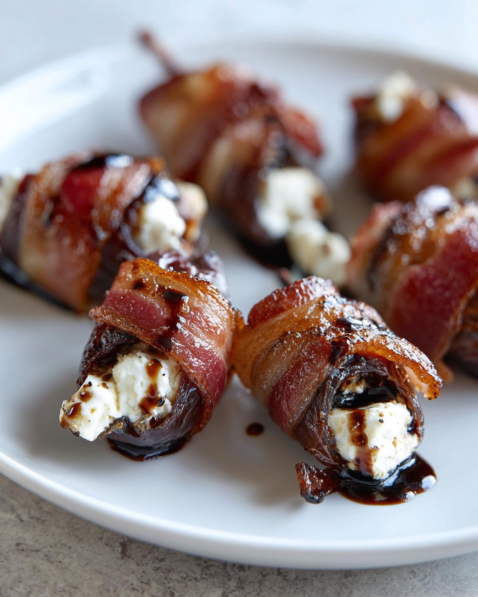 Close-up of bacon wrapped stuffed dates filled with cheese and drizzled with balsamic glaze.