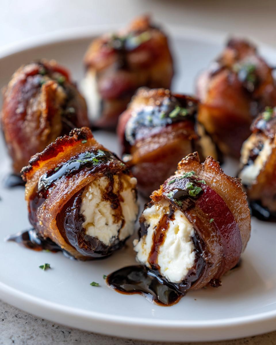 Close-up of savory stuffed dates wrapped in bacon, filled with white cheese and drizzled with balsamic glaze.