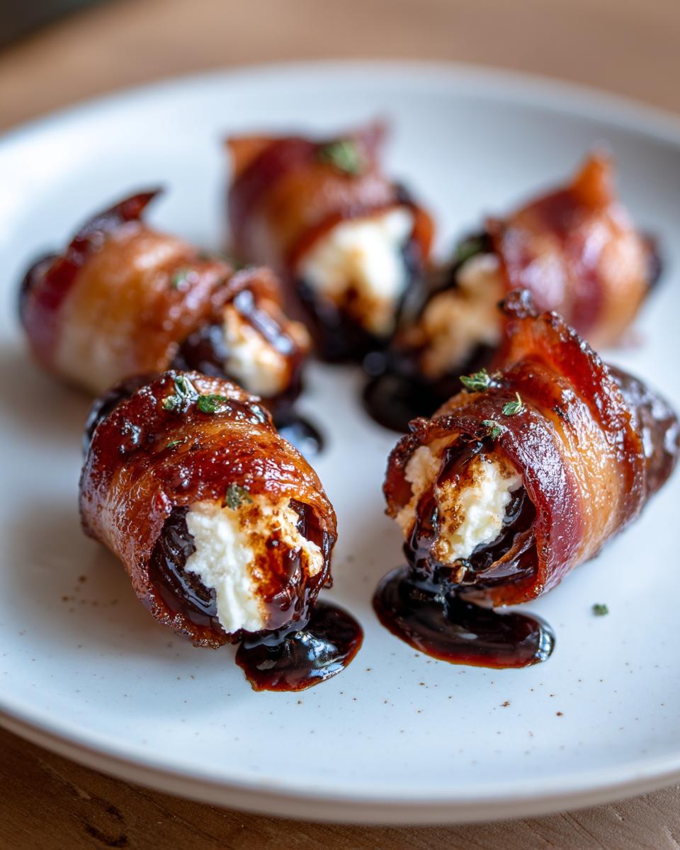 Close-up of savory stuffed dates wrapped in crispy bacon and filled with creamy white cheese, drizzled with glaze.