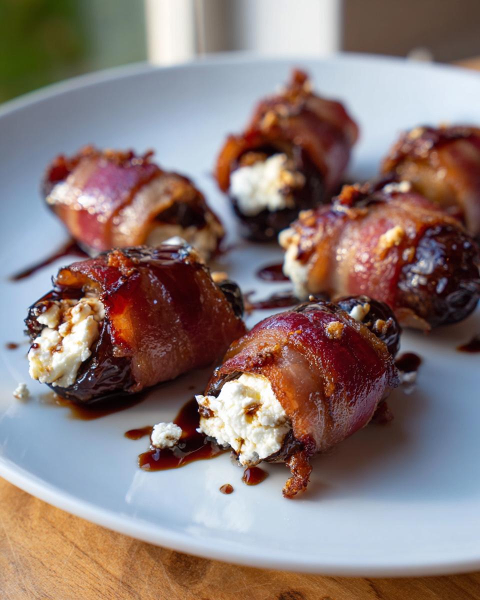 Close-up of savory stuffed dates wrapped in crispy bacon and filled with white cheese.