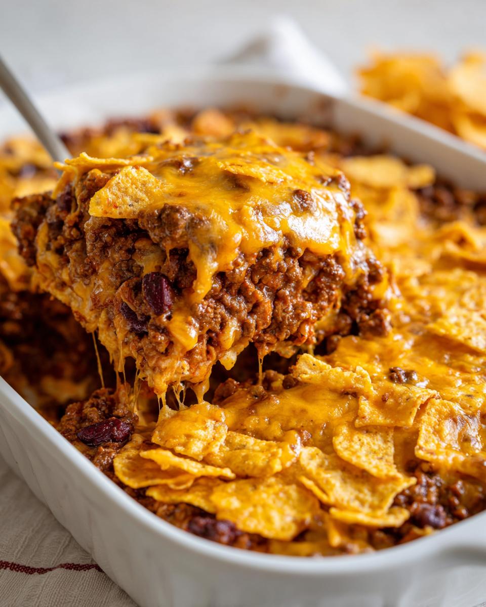 A spoonful of hearty frito pie, loaded with ground beef, beans, and melted cheddar cheese, being lifted from a white baking dish.