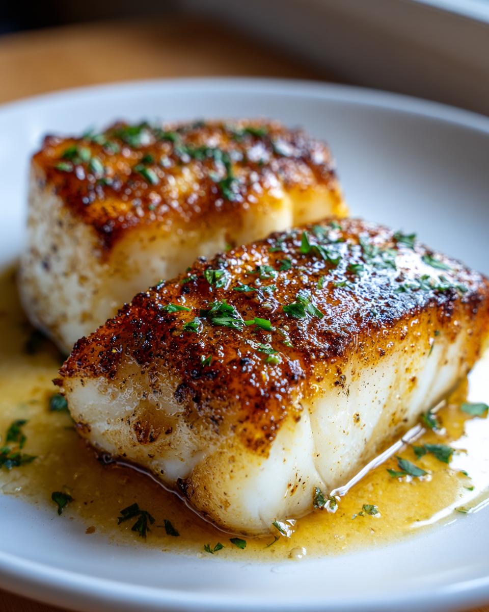 Two thick, perfectly seared fillets of chilean sea bass recipe resting in a buttery sauce and garnished with parsley.