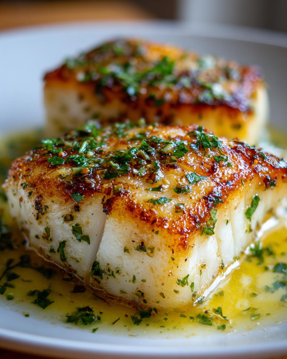 Close-up of two perfectly seared Chilean sea bass fillets topped with fresh parsley in a lemon butter sauce.