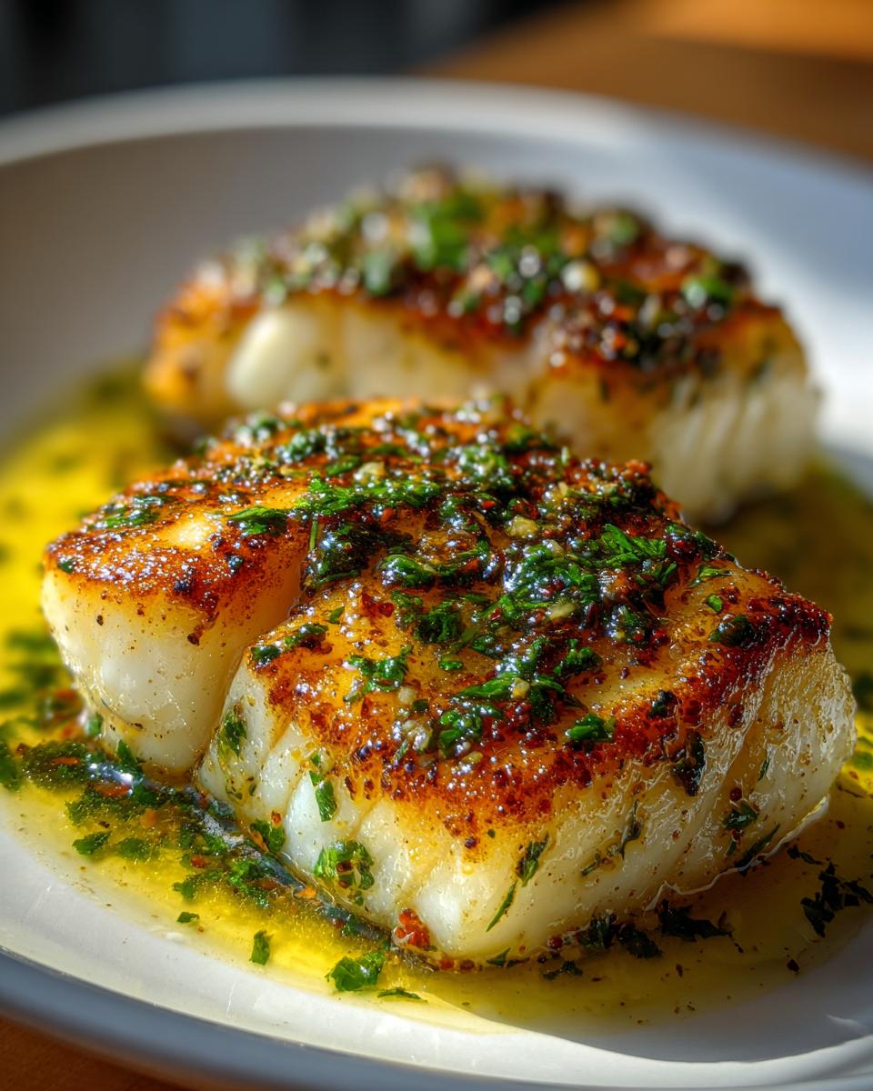 Two golden-brown fillets of seared chilean sea bass recipe topped with fresh green herbs and garlic in butter sauce.