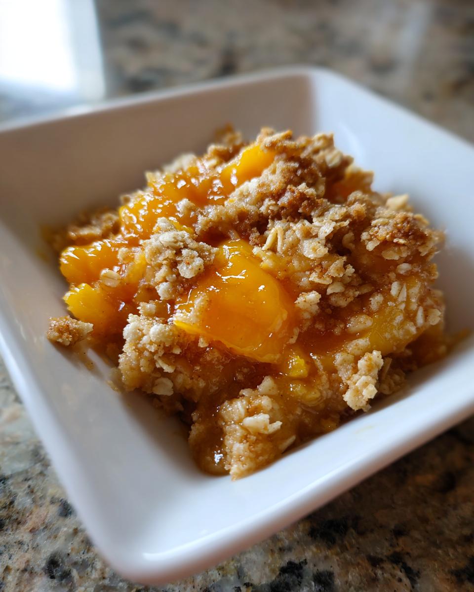 Close-up of a warm serving of peach crisp with gooey peaches and oat topping in a white bowl.