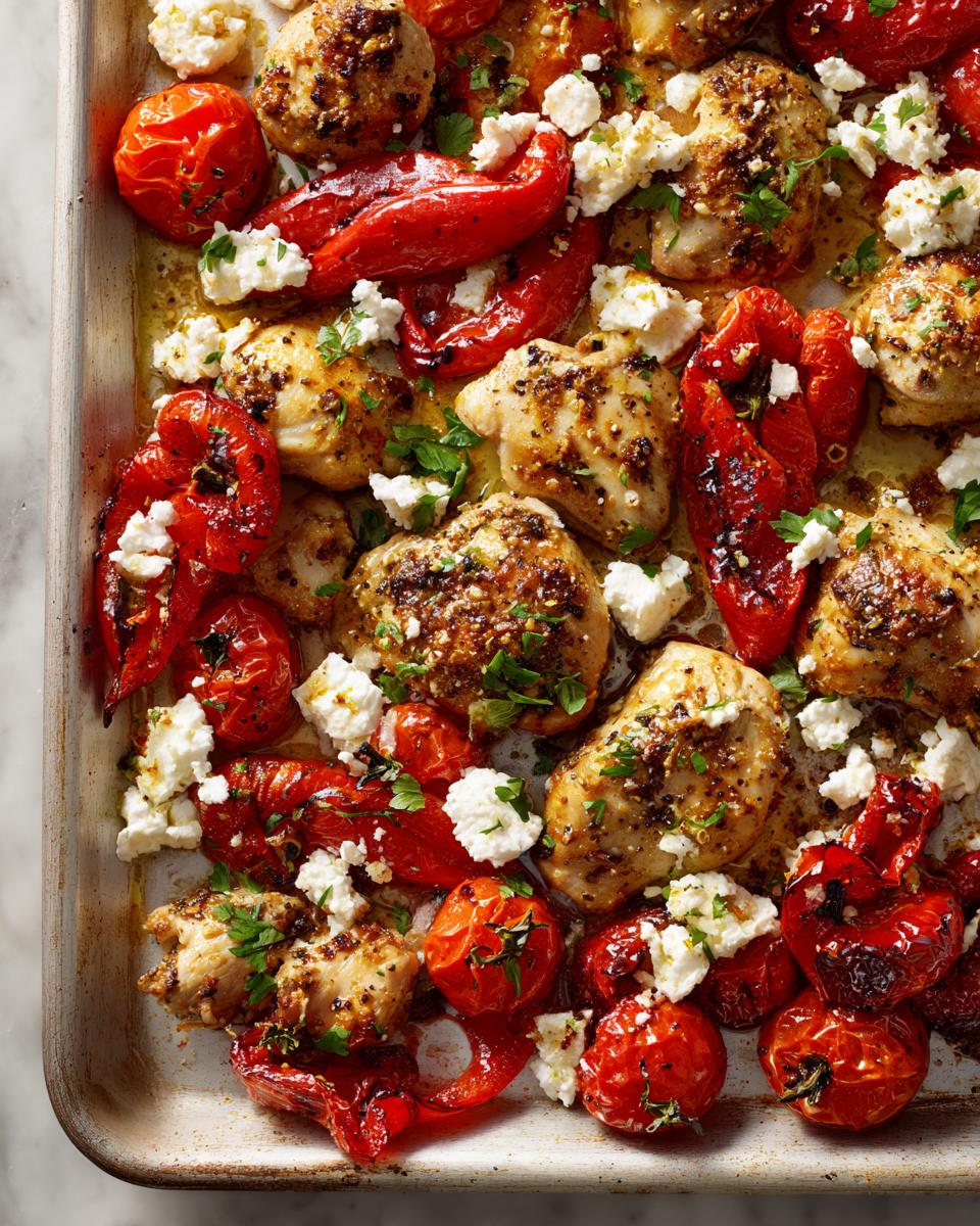 Close-up of juicy greek chicken thighs roasted on a sheet pan with red peppers, tomatoes, and crumbled feta cheese.