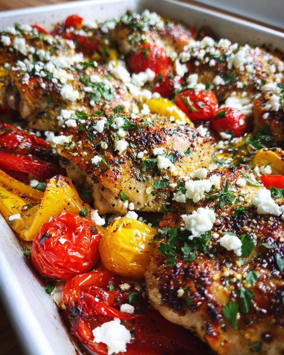 Close-up of juicy greek chicken thighs baked with roasted tomatoes, peppers, and topped with crumbled feta cheese.