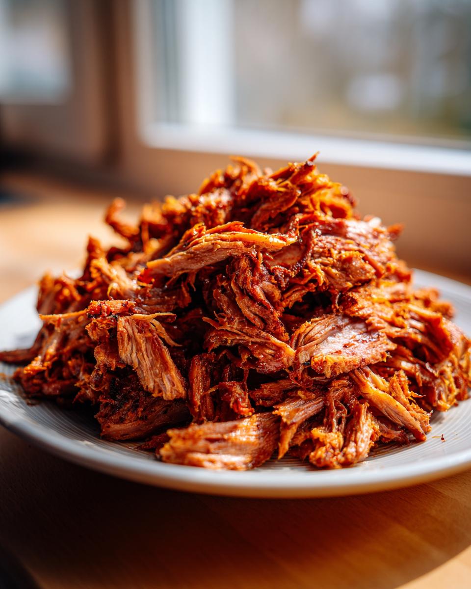 A mound of richly seasoned, shredded meat, perfect for homemade doner kebab, piled on a white plate.